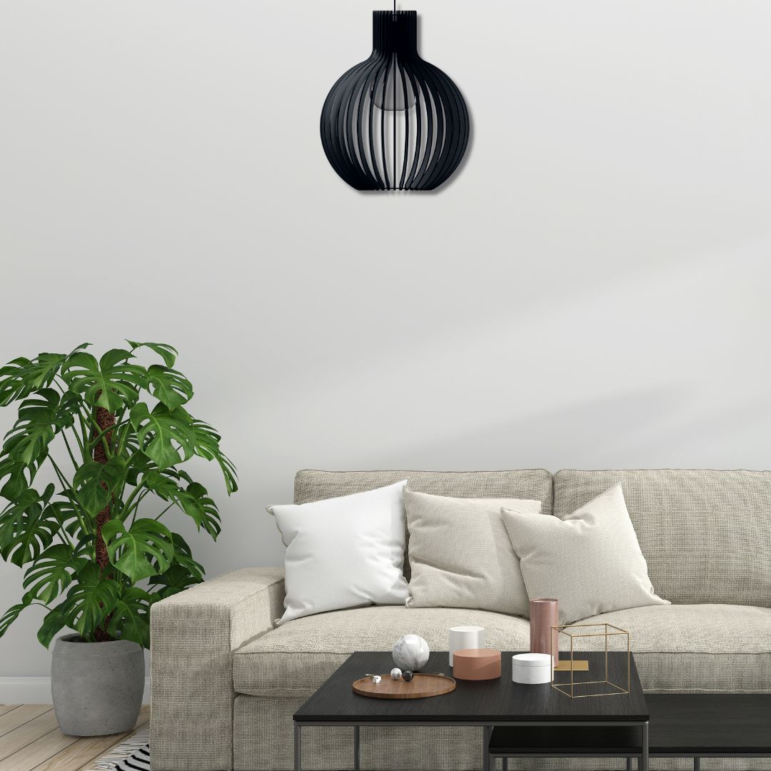 Luminária pendente Cúpula em MDF, referência LCD0017, Cor: Preto. Foto 2 do produto.