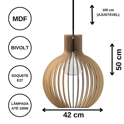Luminária pendente Cúpula em MDF, referência LCD0017, Cor: Preto. Foto 3 do produto.