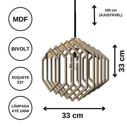 Luminária pendente Hexagonal em MDF, Cor: Marrom. Foto 3 do produto.