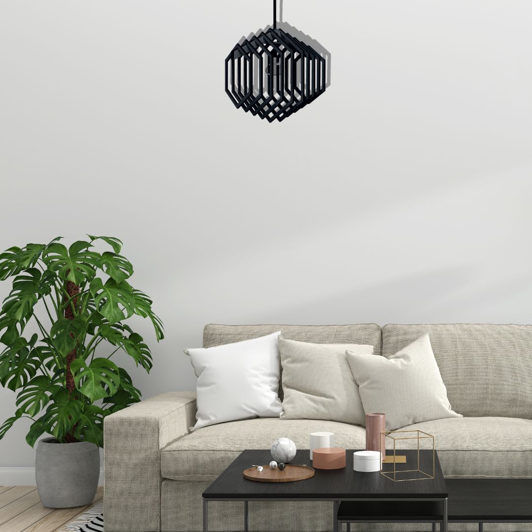 Luminária pendente Hexagonal em MDF, Cor: Preto. Foto 2 do produto.