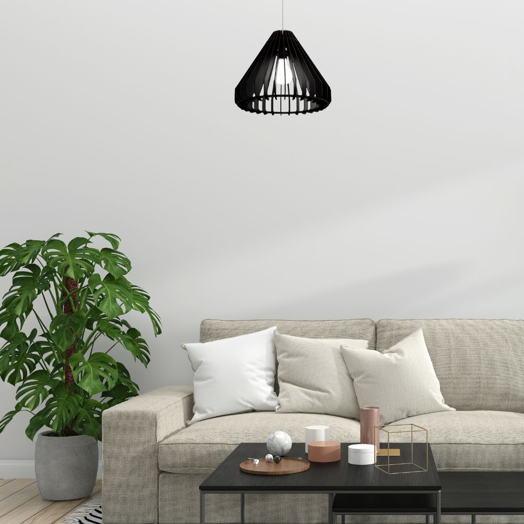 Luminária pendente Cone em MDF, Cor: Preto. Foto 2 do produto.