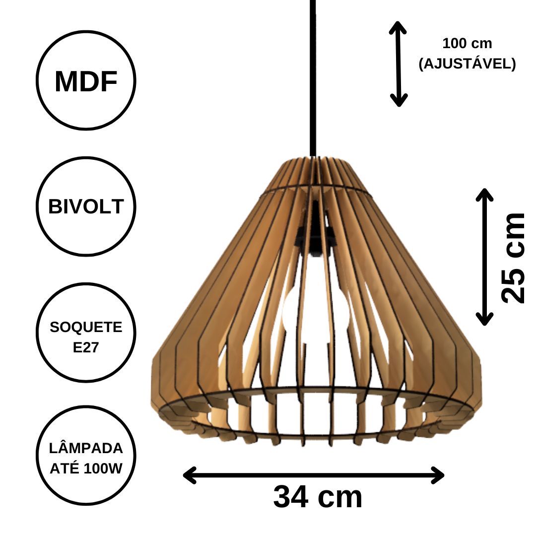 Luminária pendente Cone em MDF, Cor: Preto. Foto 3 do produto.