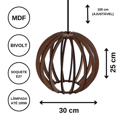 Luminária pendente Jabulani em MDF, Cor: Marrom. Foto 3 do produto.