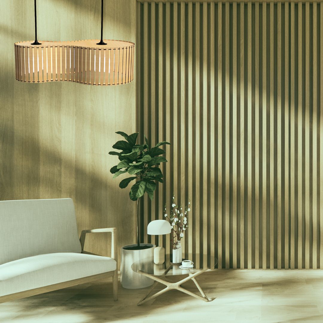 Luminária pendente ripada Infinita, Cor: MDF cru. Foto 3 do produto.