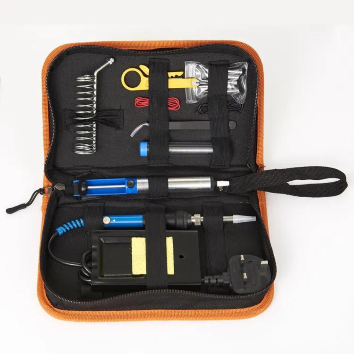 Kit de ferro de solda com estanho e sugador. Foto 1 do produto.