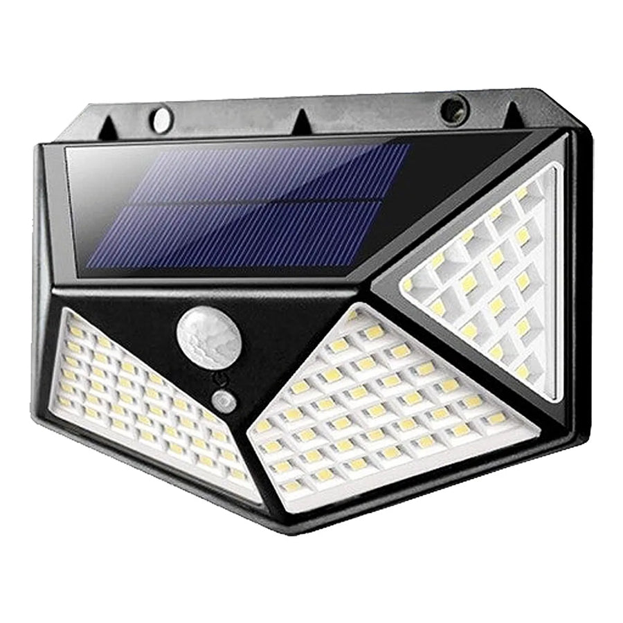 Luminária solar de parede com 100 LEDs, sensor de presença e 3 funções. Foto 1 do produto.
