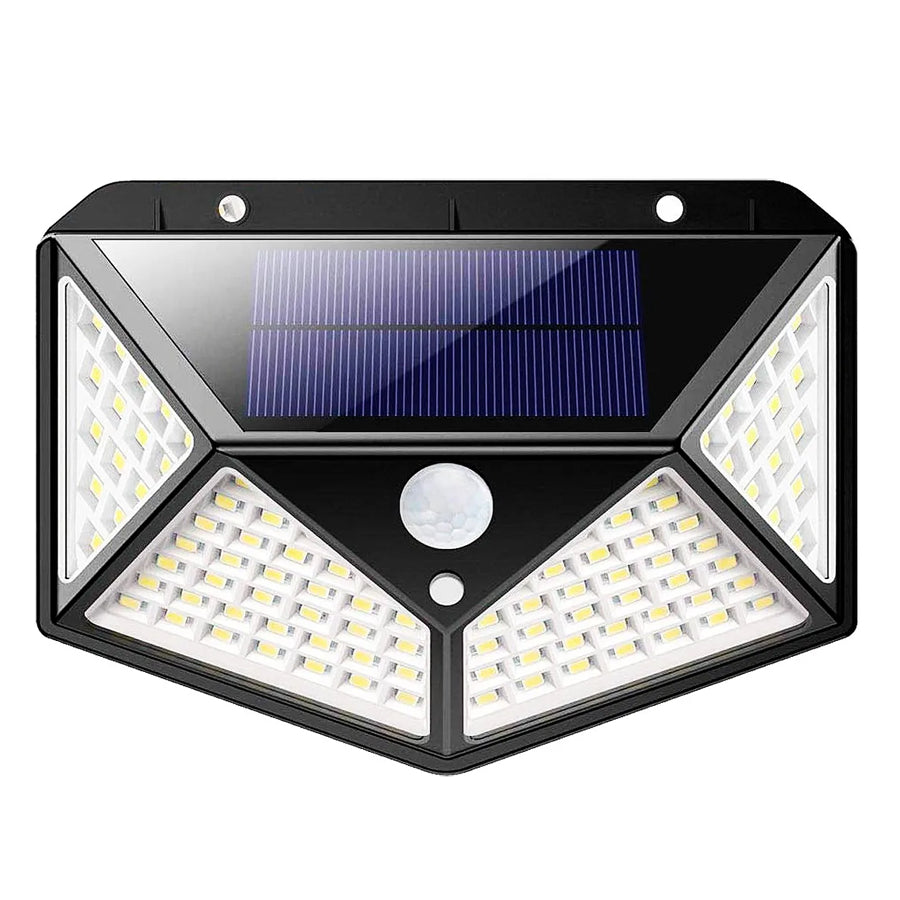 Luminária solar de parede com 100 LEDs, sensor de presença e 3 funções. Foto 2 do produto.