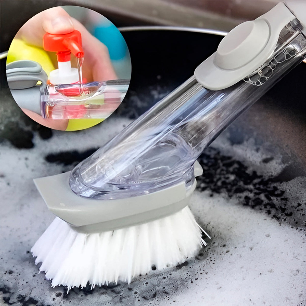 Escova para louça com dispenser de detergente 2 em 1. Foto 1 do produto.