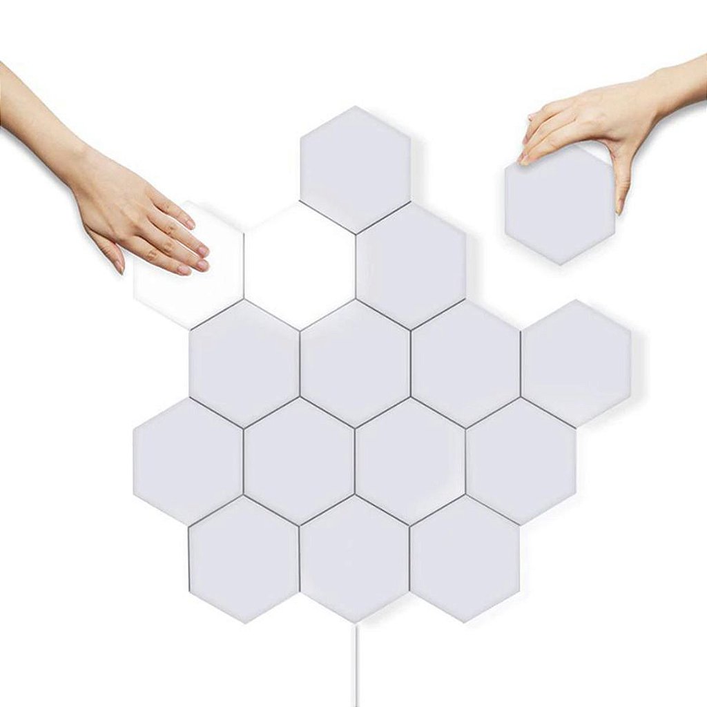 Luminária LED hexagonal modular com acionamento por toque. Foto 2 do produto.