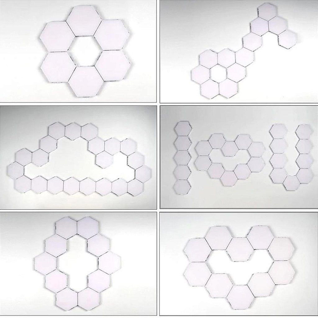 Luminária LED hexagonal modular com acionamento por toque. Foto 3 do produto.