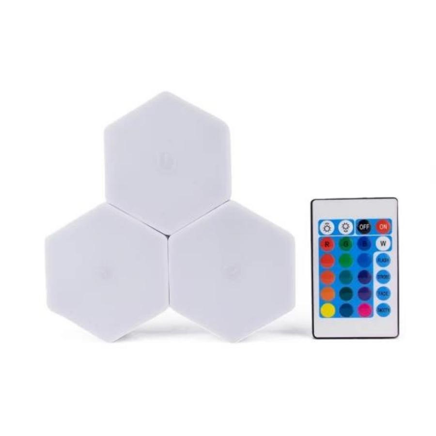 Kit com 3 luminárias LED RGB sem fio com acionamento por toque. Foto 1 do produto.
