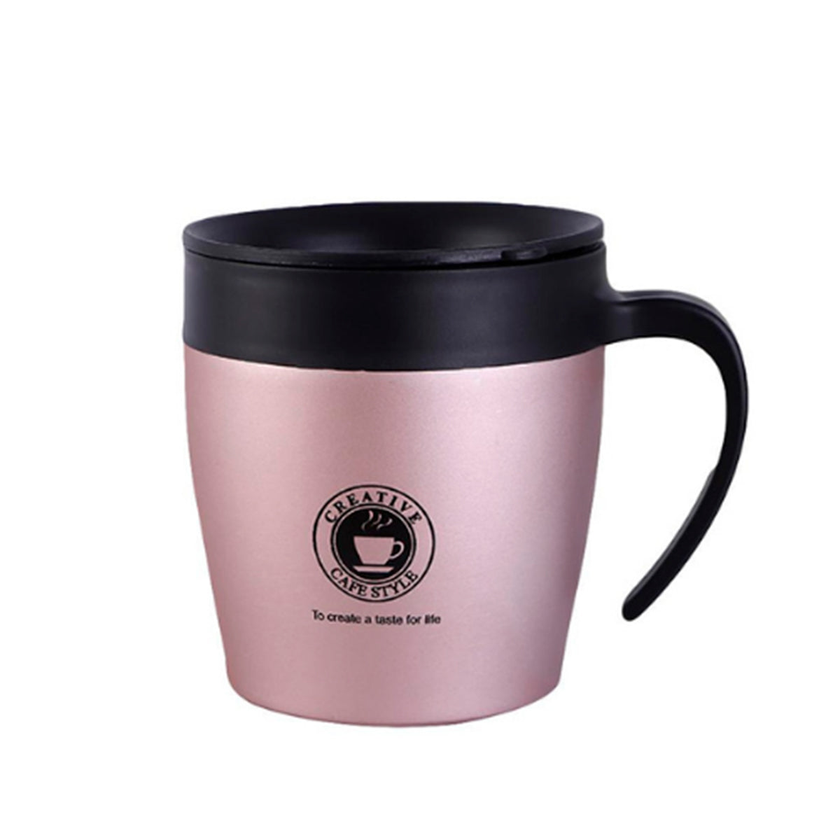 Caneca térmica de aço inox 350 ml com tampa e colher, rosa. Foto 1 do produto.