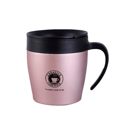 Caneca térmica de aço inox 350 ml com tampa e colher, rosa. Foto 1 do produto.