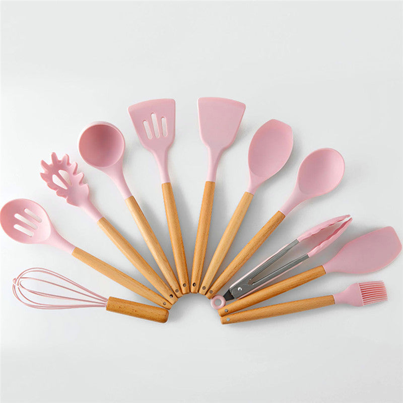 Kit de utensílios de cozinha com 12 peças, Cor: Rosa. Foto 1 do produto.