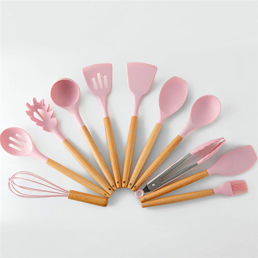 Kit de utensílios de cozinha com 12 peças, Cor: Rosa. Foto 1 do produto.