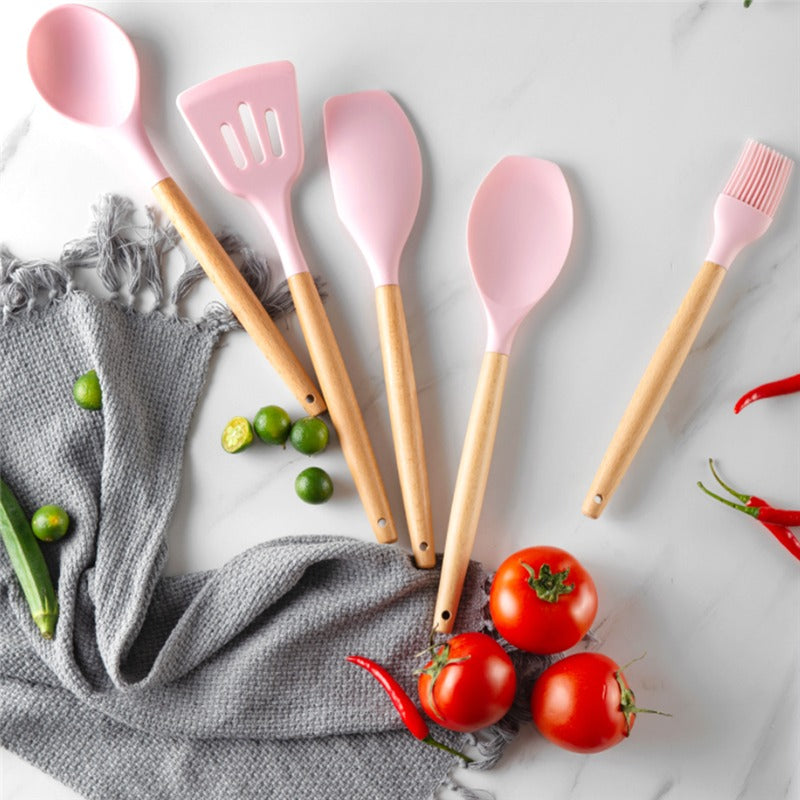 Kit de utensílios de cozinha com 12 peças, Cor: Rosa. Foto 2 do produto.
