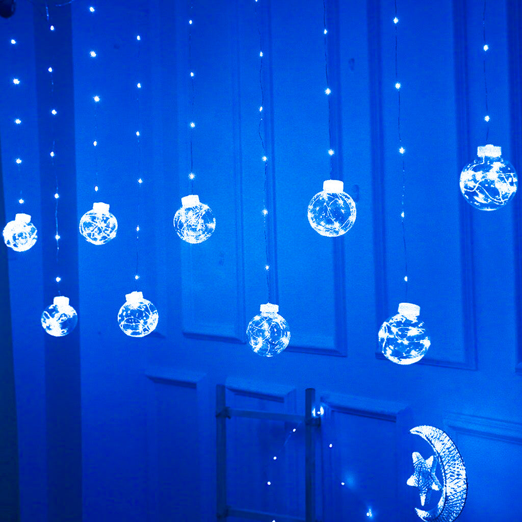 Cortina de luzes com 10 bolas LED, Cor: Azul. Foto 1 do produto.