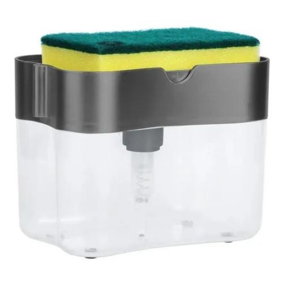 Dispenser dosador de detergente com suporte para esponja, preto. Foto 3 do produto.
