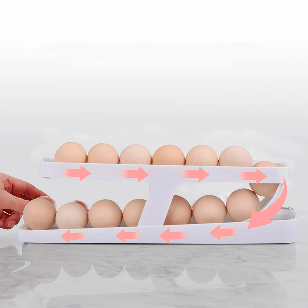 Organizador rolante para ovos com 2 camadas. Foto 4 do produto.
