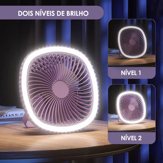 Mini ventilador de mesa USB com luz circular, Cor: Lilás. Foto 2 do produto.