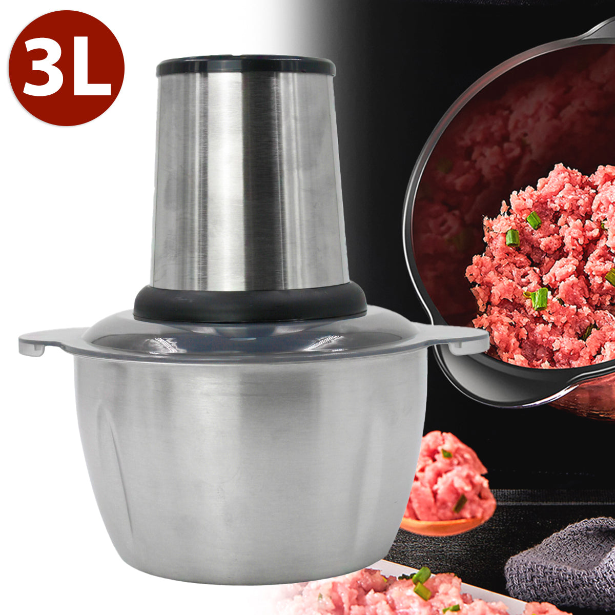 Triturador elétrico de carne e legumes de aço inox 3 litros 110 V. Foto 1 do produto.