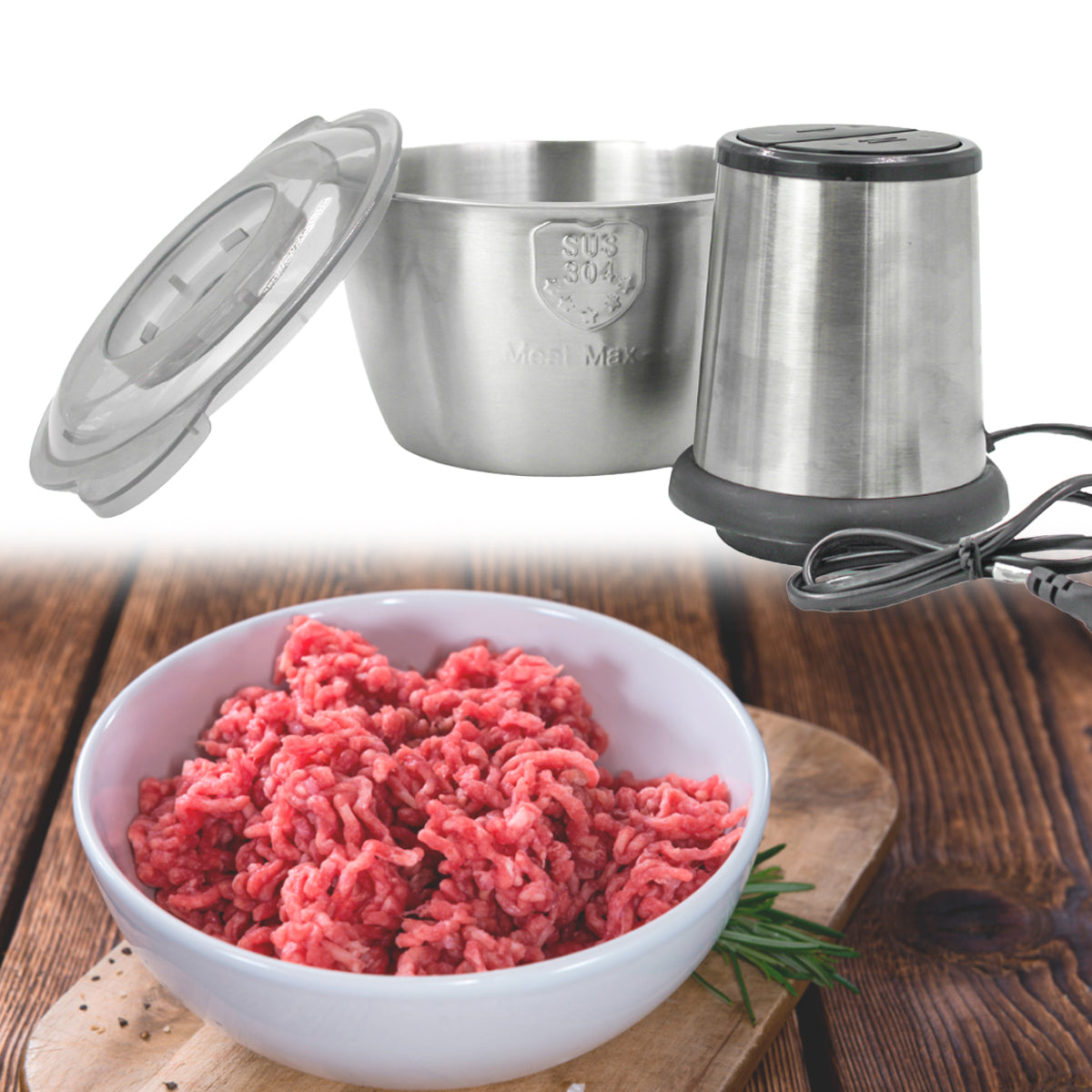 Triturador elétrico de carne e legumes de aço inox 3 litros 110 V. Foto 2 do produto.
