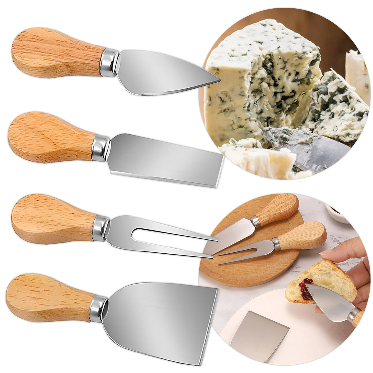 Jogo de utensílios para queijo em inox com 4 peças. Foto 1 do produto.