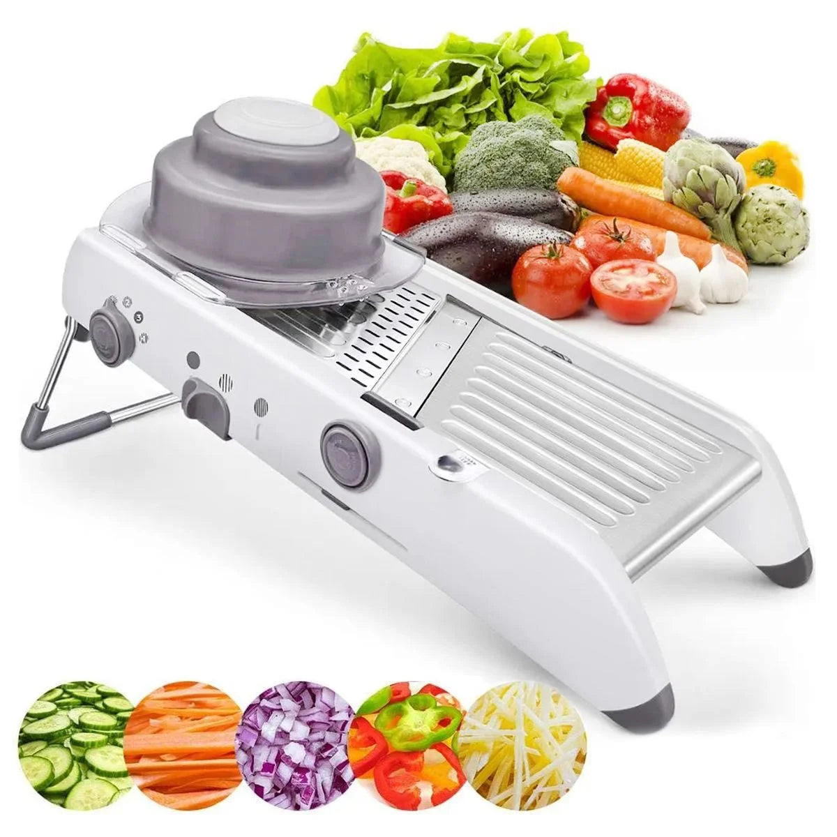 Fatiador de legumes tipo mandoline em inox, branco. Foto 5 do produto.