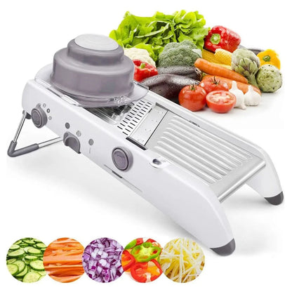 Fatiador de legumes tipo mandoline em inox, branco. Foto 5 do produto.