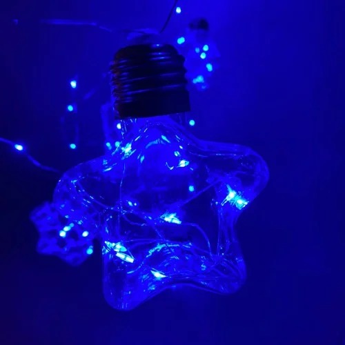 Fio de fada com 10 estrelas LED, USB e pilhas AA, Cor: Azul. Foto 1 do produto.