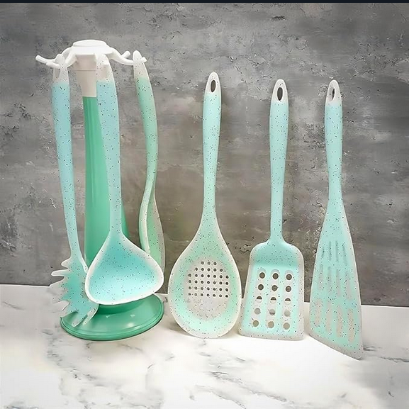 Kit de utensílios de cozinha de silicone com 7 peças, Cor: Verde agua. Foto 3 do produto.