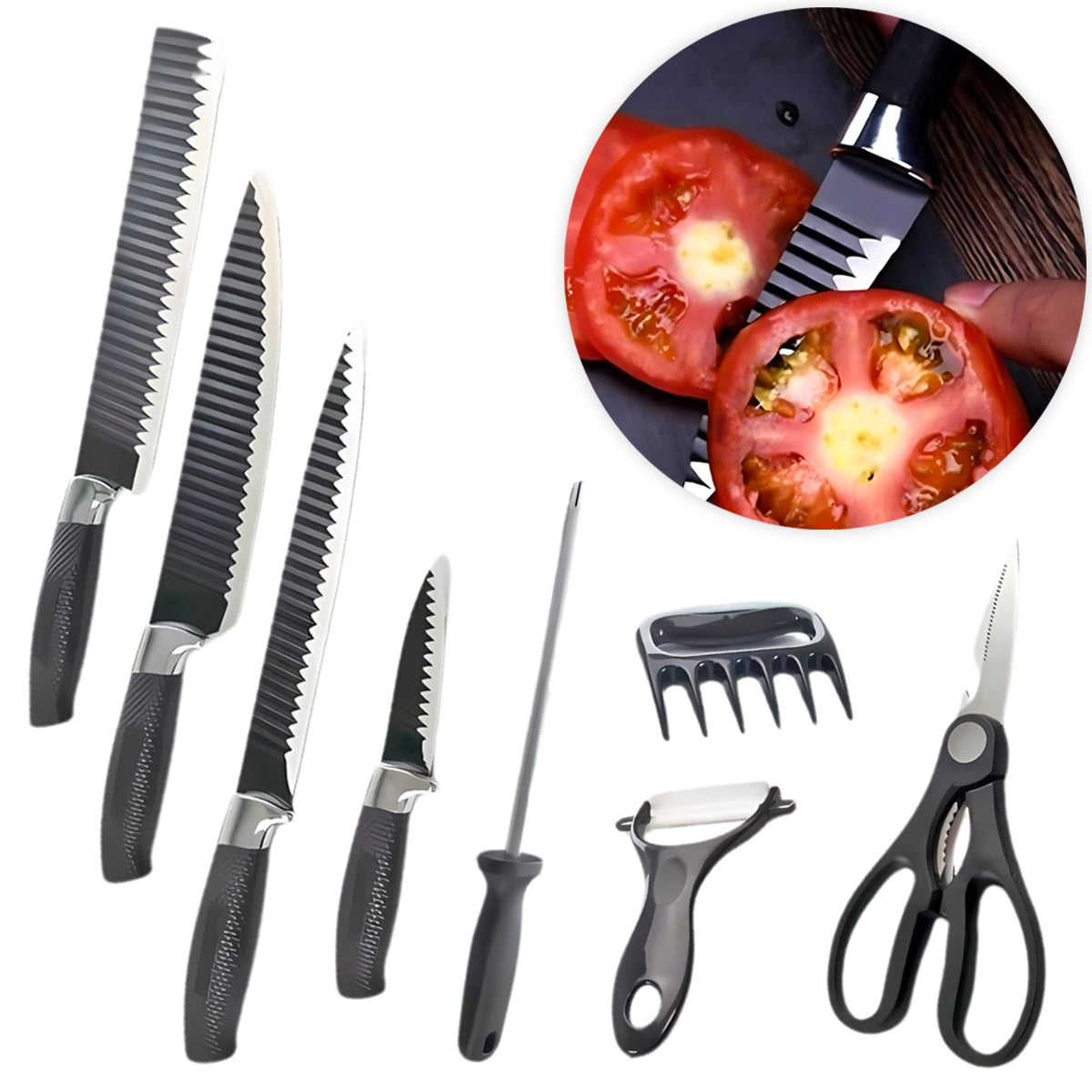 Jogo de facas de aço inox com garra e tesoura, 8 peças. Foto 4 do produto.
