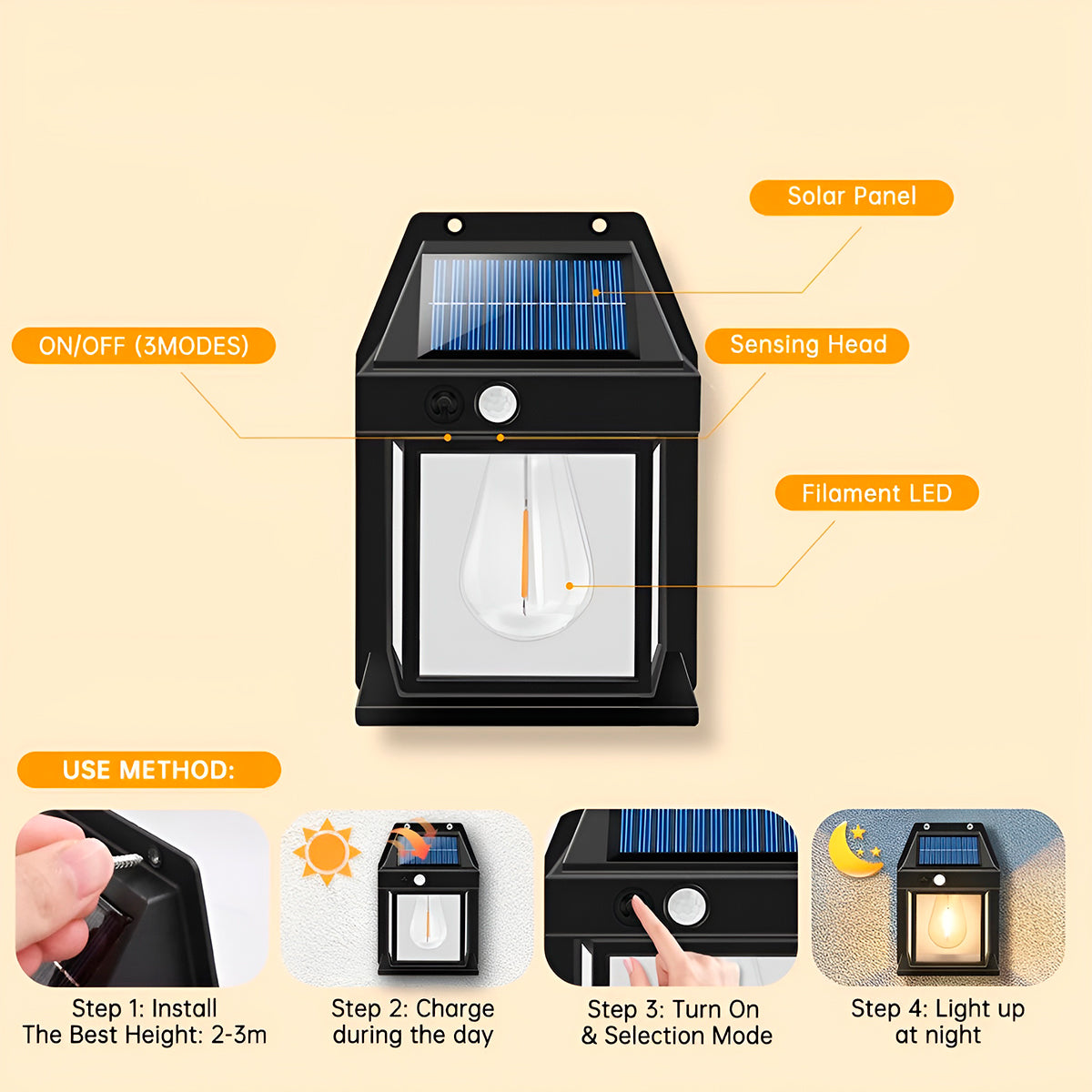 Arandela solar LED para área externa. Foto 4 do produto.
