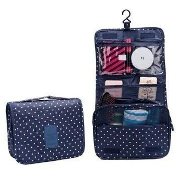 Nécessaire de nylon para viagem, Cor: Azul marinho bolinhas. Foto 1 do produto.