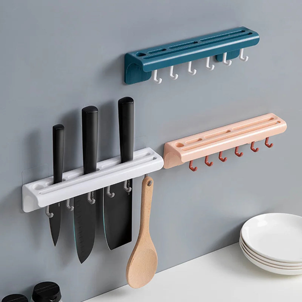 Suporte de cozinha para facas e talheres com 6 ganchos, Cor: Azul. Foto 2 do produto.