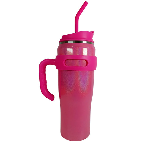 Copo térmico de inox com alça, canudo e acabamento com glitter, Cor: Rosa. Foto 1 do produto.