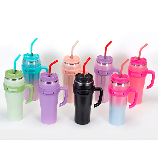 Copo térmico de inox com alça, canudo e acabamento com glitter, Cor: Rosa. Foto 2 do produto.