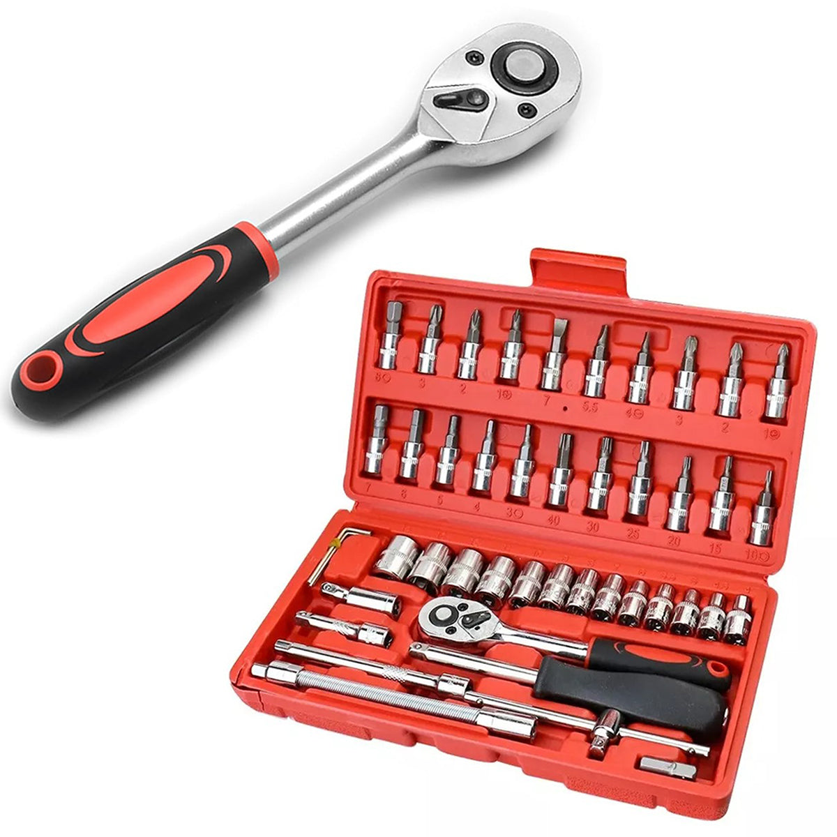 Jogo de soquetes de aço Cr-V de 1/4 com maleta, 46 peças, vermelho. Foto 2 do produto.