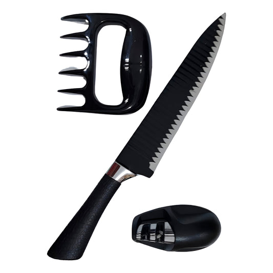 Kit para churrasco com faca, garra e afiador, 3 peças, preto. Foto 1 do produto.
