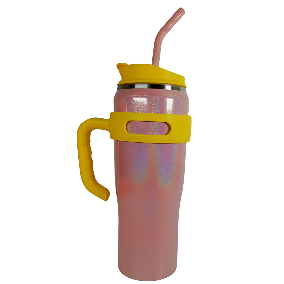 Copo térmico de inox com alça, canudo e acabamento com glitter, Cor: Bege com amarelo. Foto 1 do produto.