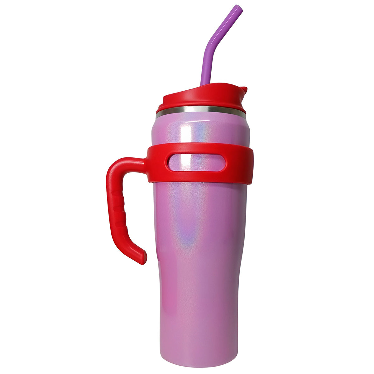 Copo térmico de inox com alça, canudo e acabamento com glitter, Cor: Rosa com vermelho. Foto 1 do produto.