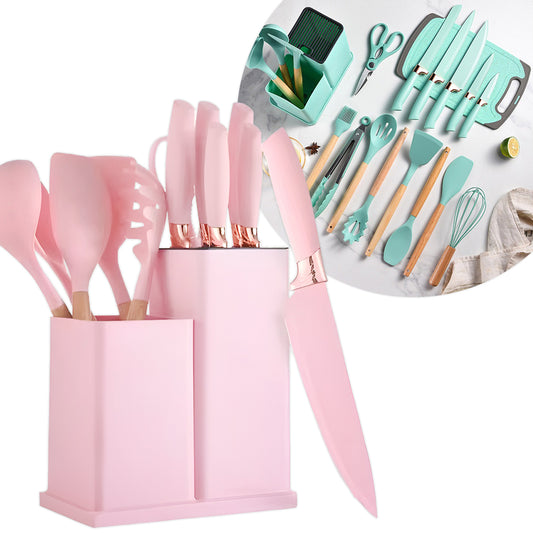 Kit de utensílios de cozinha de silicone, 19 peças, Cor: Rosa. Foto 1 do produto.