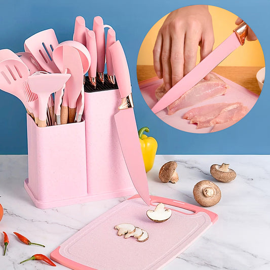 Kit de utensílios de cozinha de silicone, 19 peças, Cor: Rosa. Foto 2 do produto.