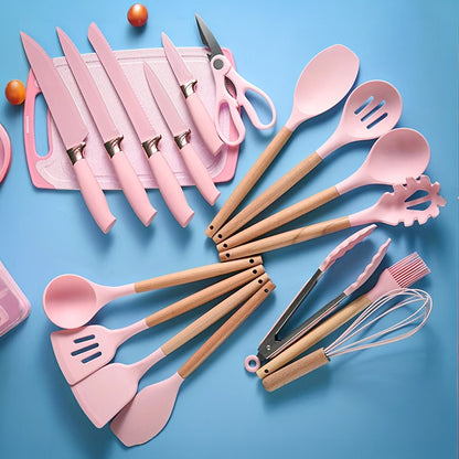 Kit de utensílios de cozinha de silicone, 19 peças, Cor: Rosa. Foto 3 do produto.