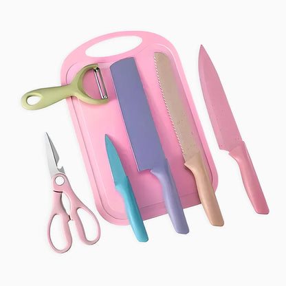 Conjunto de facas de aço inox com 6 peças coloridas. Foto 1 do produto.