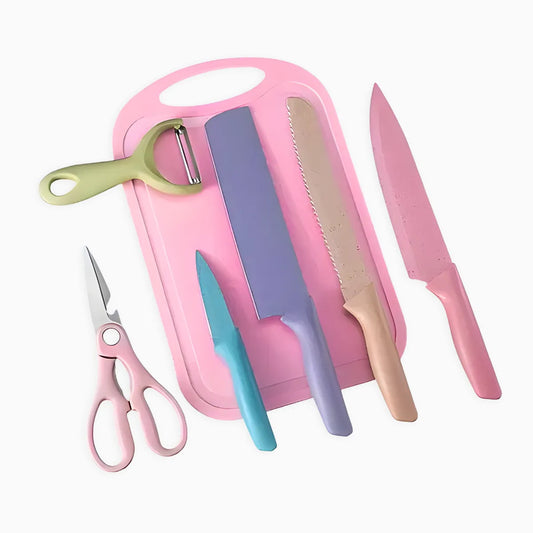Conjunto de facas de aço inox com 6 peças coloridas. Foto 1 do produto.