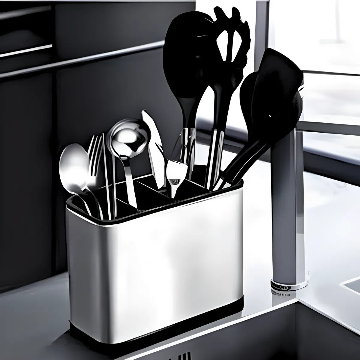 Porta-talheres de inox com 4 divisórias. Foto 3 do produto.