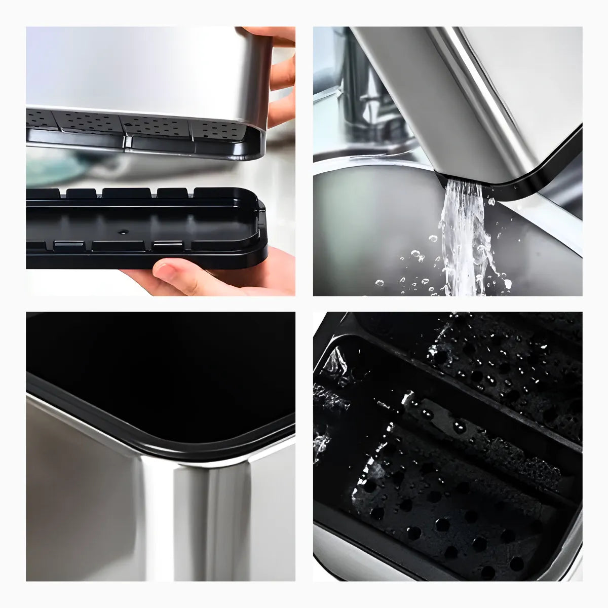 Porta-talheres de inox com 4 divisórias. Foto 4 do produto.