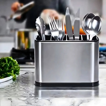 Porta-talheres de inox com 4 divisórias. Foto 5 do produto.