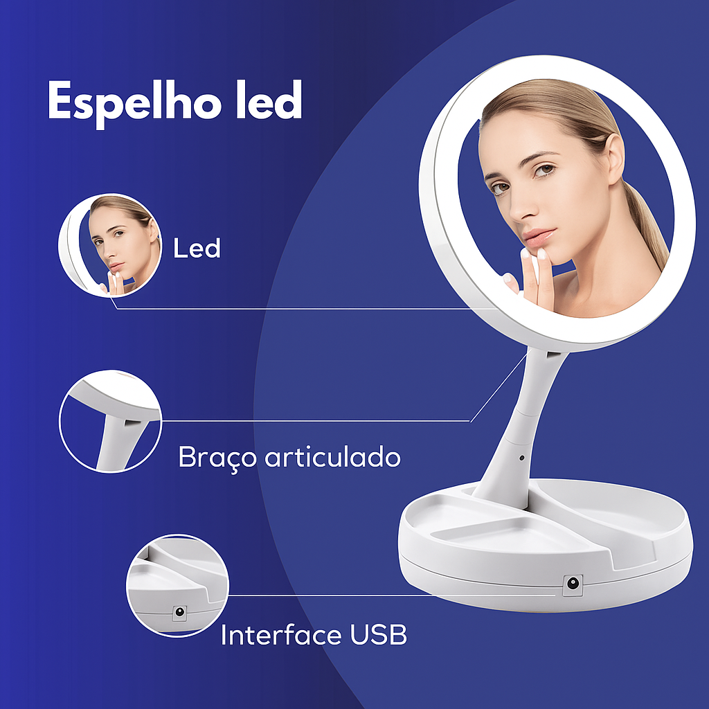 Espelho de mesa com LED e rotação de 360°. Foto 3 do produto.